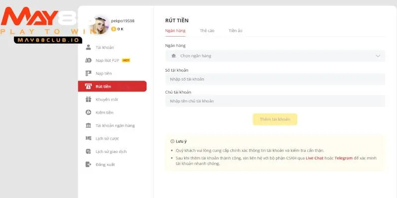 Quy trình rút tiền MAY88 cực đơn giản