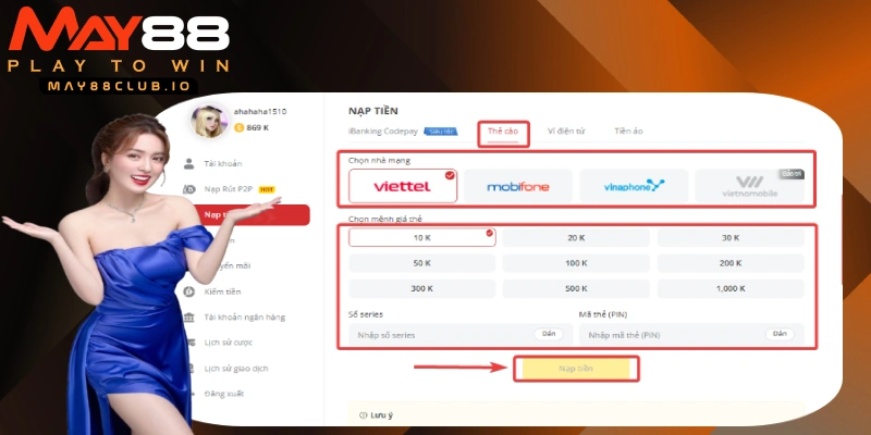 Lưu ý nạp qua card điện thoại sẽ bị trừ phí cao