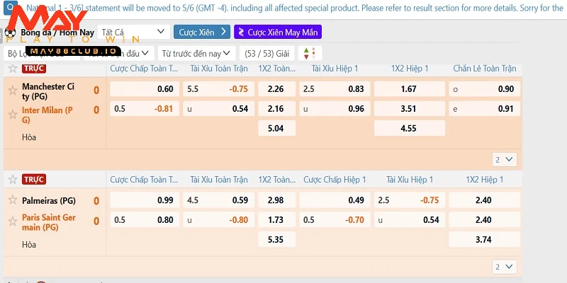 MAY88 cung cấp đa dạng kèo bóng đá từ giải đấu lớn nhỏ trên toàn cầu